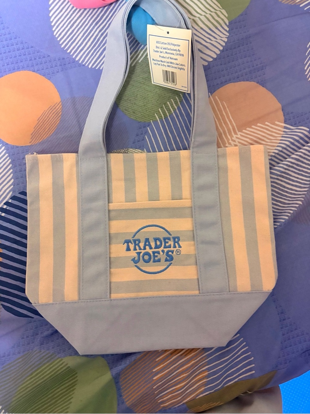 Trader Joe’s Striped Mini Canvas Tote Bag blue